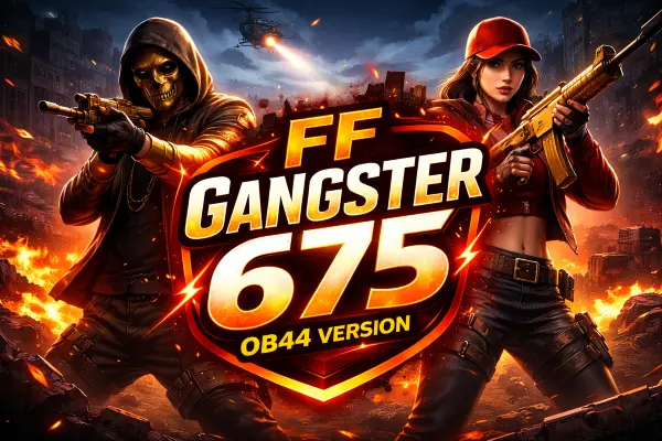FF Gangster 675 OB44 APK Download promotional image with neon combat design on dark background