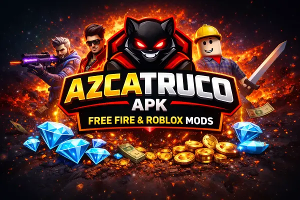 Azcatruco APK featuring Free Fire and Roblox characters with diamonds, coins, and gaming mods illustration
