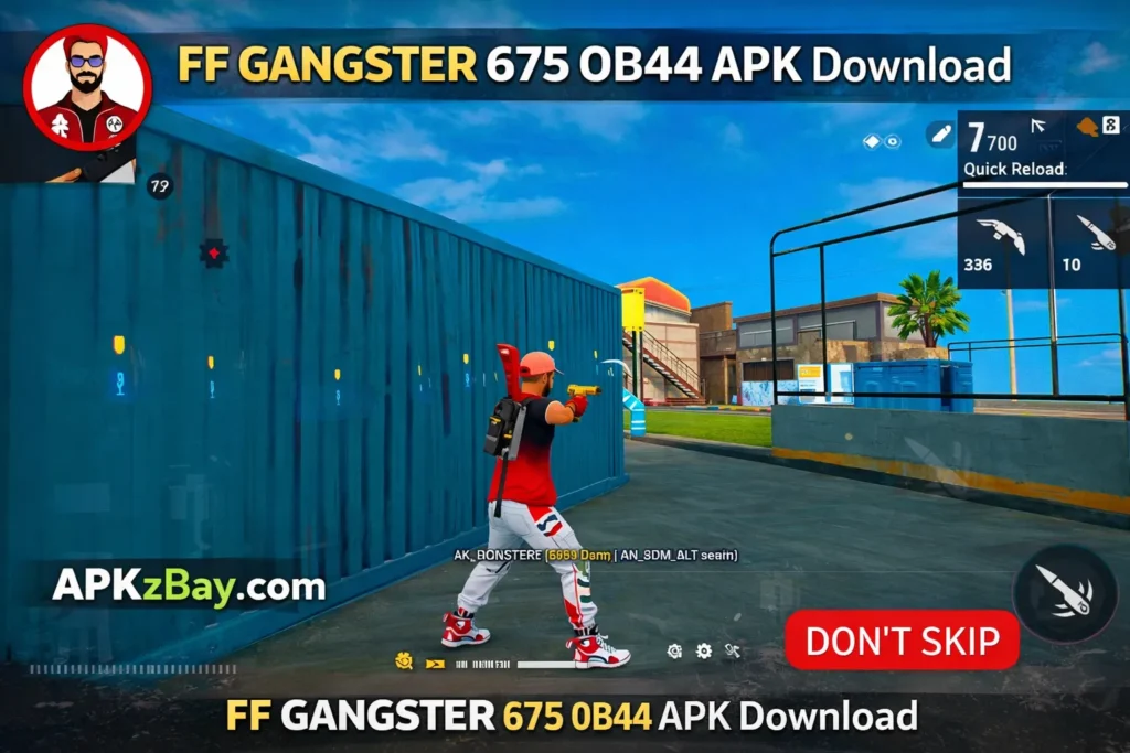 FF Gangster 675 OB44 APK gameplay screenshot showing Free Fire character aiming near container with download banner and APKzBay.com branding