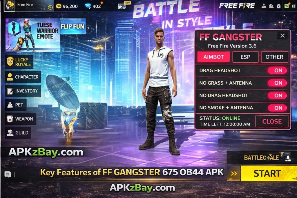 Key features of FF Gangster 675 OB44 APK latest version showing Free Fire lobby interface with mod menu options like aimbot, ESP, and drag headshot with APKzBay.com branding