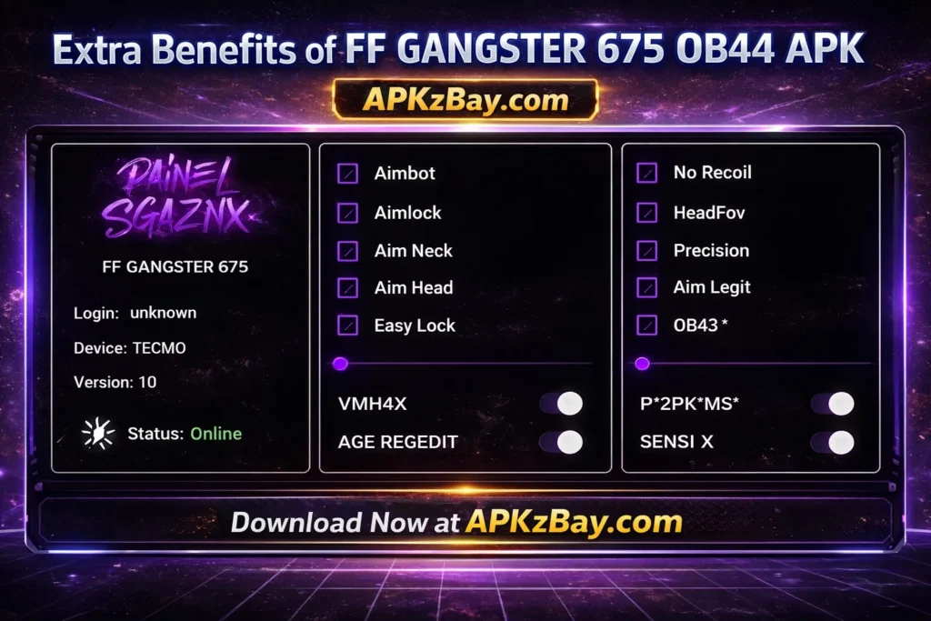 Extra Benefits of FF GANGSTER 675 OB44 APK promotional image with futuristic purple dashboard interface and APKzBay.com branding