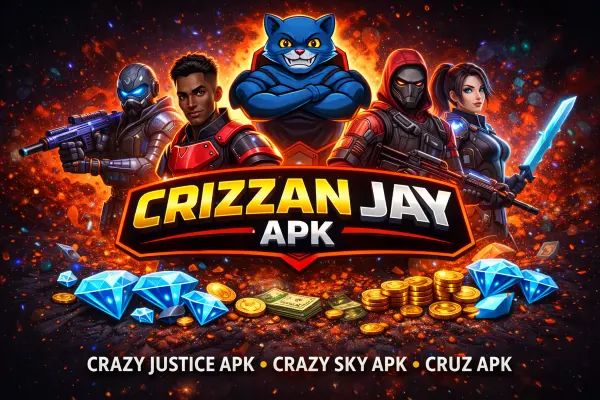 Crizzan Jay APK banner showing action gaming characters, Crazy Justice, Crazy Sky, and Criz APK elements