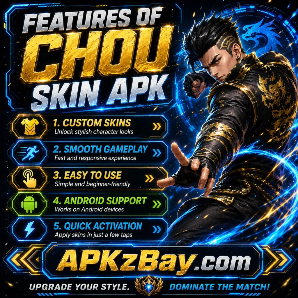 Features of Chou Skin APK image showing custom skins, smooth gameplay, Android support, and APKzBay.com branding