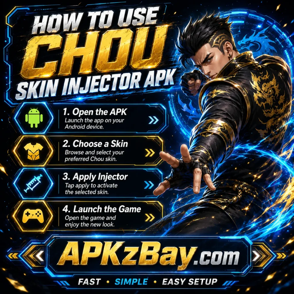 How to use Chou Skin Injector APK image showing step-by-step skin injector guide with APKzBay.com branding