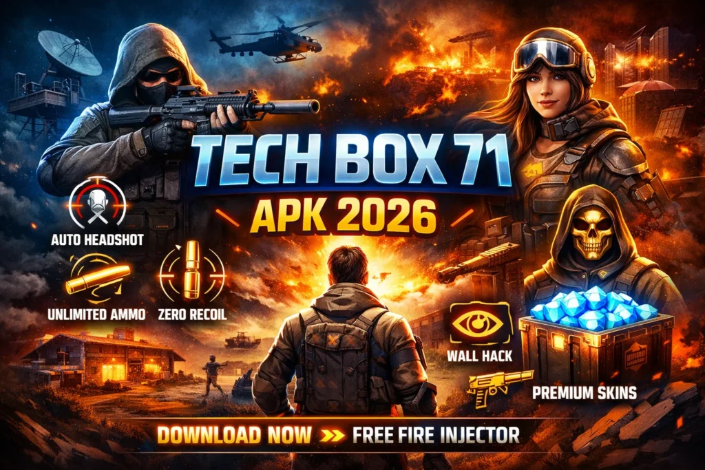 Tech Box 71 APK 2026 Free Fire injector featuring auto headshot, unlimited ammo, zero recoil, and premium skins