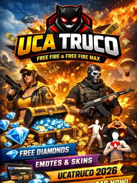 Uca Truco Free Fire and Free Fire Max banner showing diamonds, emotes, skins, and Ucatruco 2026 branding