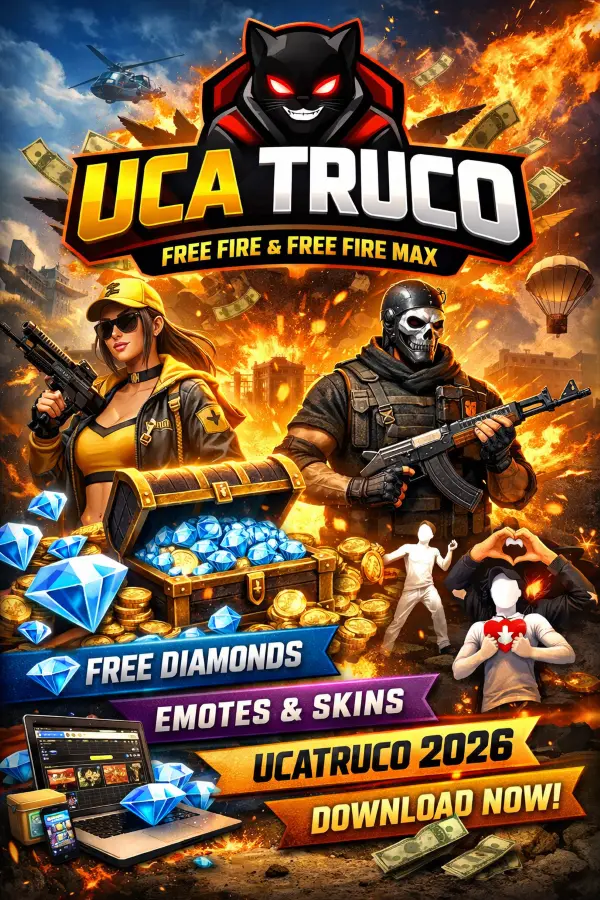 Uca Truco Free Fire and Free Fire Max banner showing diamonds, emotes, skins, and Ucatruco 2026 branding