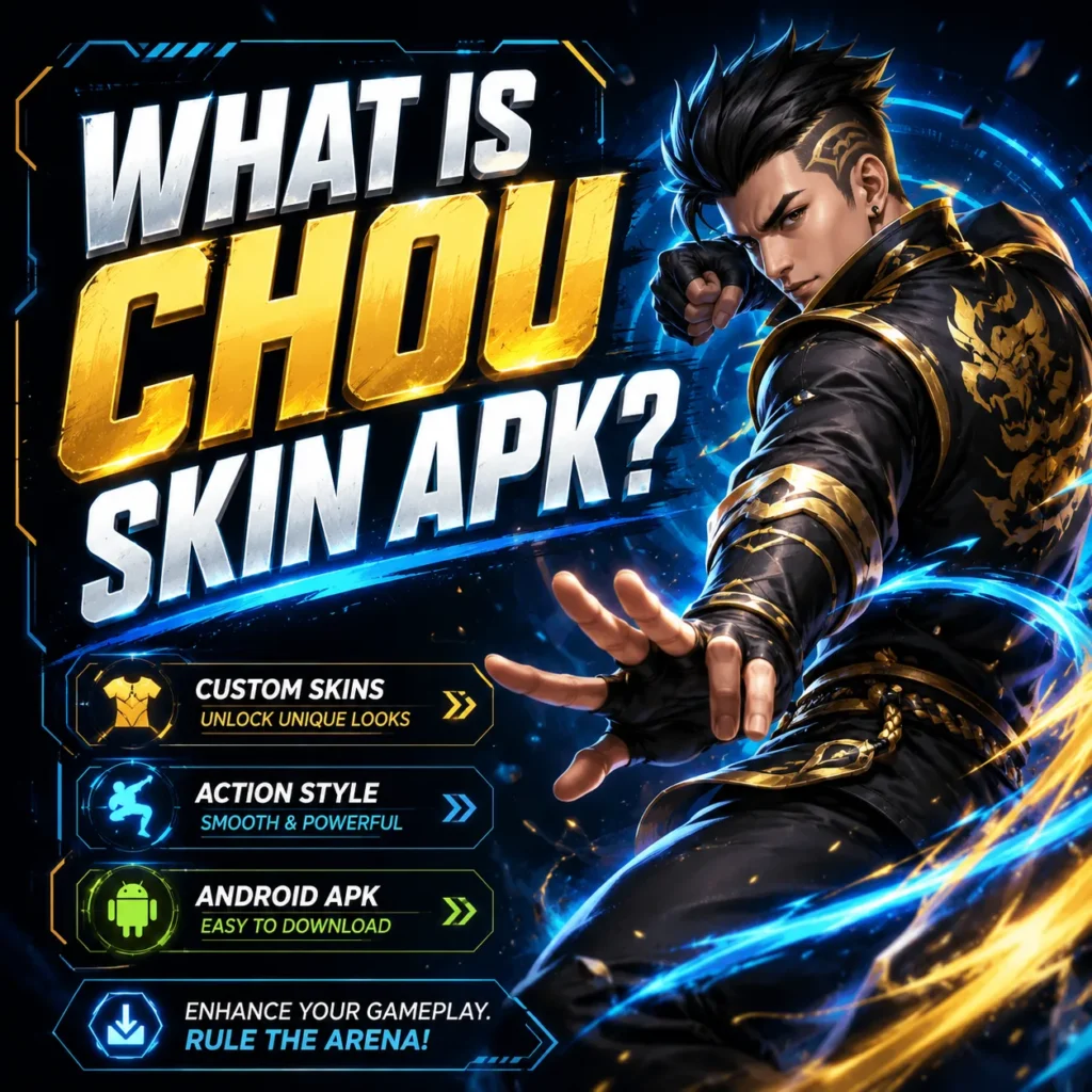 What Is Chou Skin APK image showing a stylish martial arts game character with custom skin features and Android APK theme