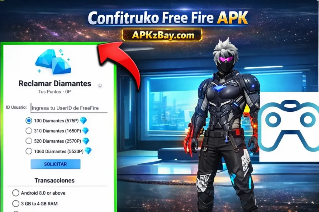 Confitruko Free Fire APK featured image showing a futuristic Free Fire-style character, diamond claim panel, and APKzBay.com branding