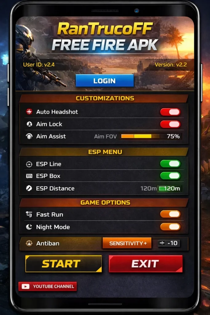 RANTRUCOFF FREE FIRE APK latest version interface screenshot on Android device