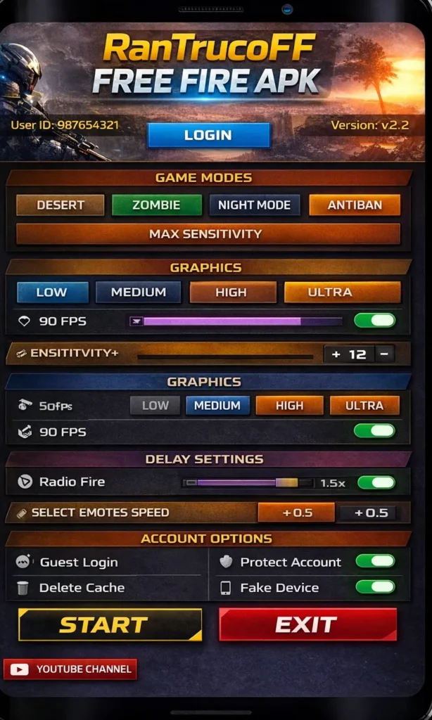 RANTRUCOFF FREE FIRE APK latest version advanced settings screen on Android