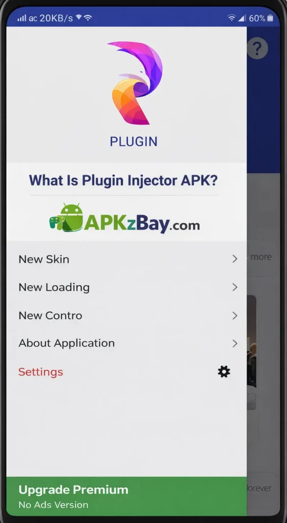 What Is Plugin Injector APK sidebar screen with APKzBay.com branding and app menu options