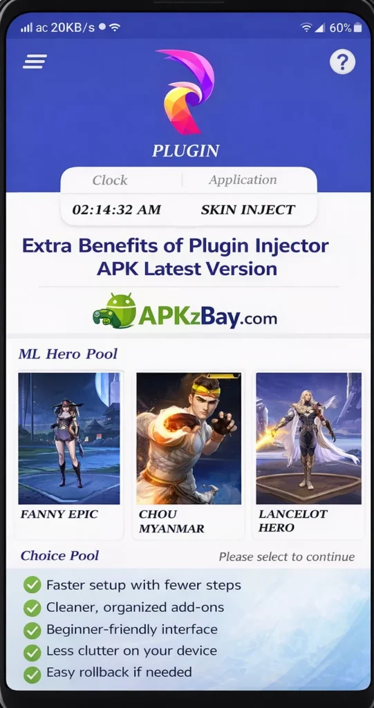 Extra Benefits of Plugin Injector APK Latest Version screen with APKzBay.com branding and plugin app interface