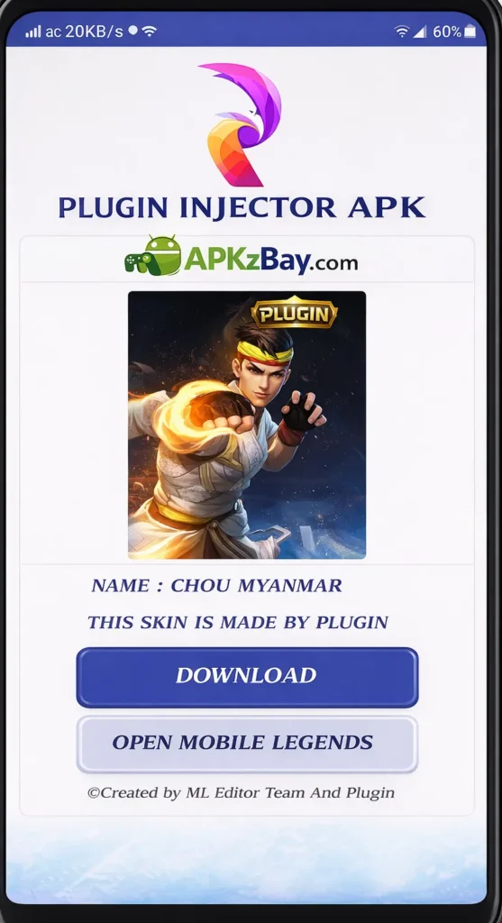 Plugin Injector APK screen with APKzBay.com branding, Chou Myanmar preview, and download buttons