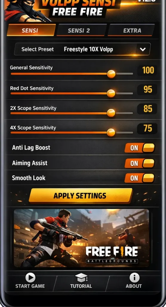 Volpp Sensi Free Fire APK interface on an Android phone showing sensitivity sliders, toggle controls, preset selection, and an apply settings button in a dark orange gaming theme.
