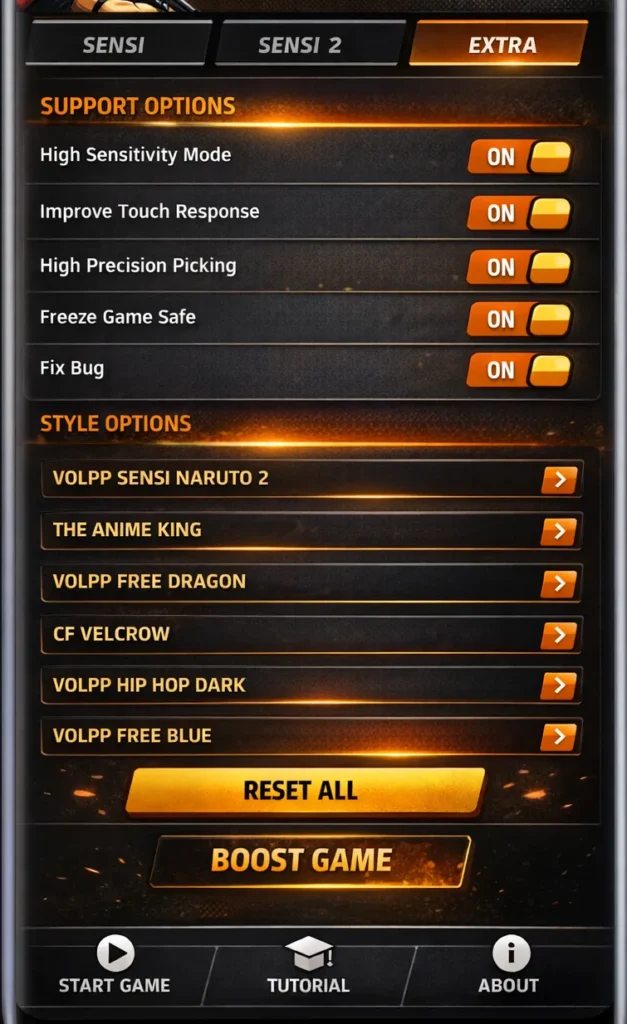 Volpp Sensi Free Fire APK extra settings screen showing support options, style presets, toggle controls, and boost game button on Android.