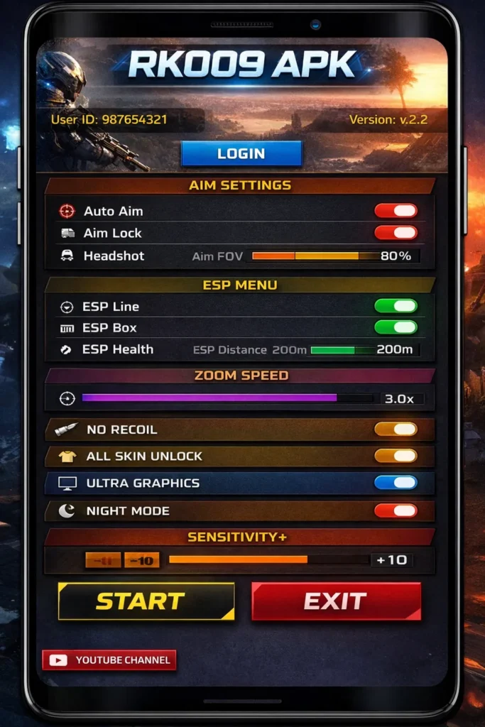 RK009 APK latest version advanced settings interface with multiple options on Android
