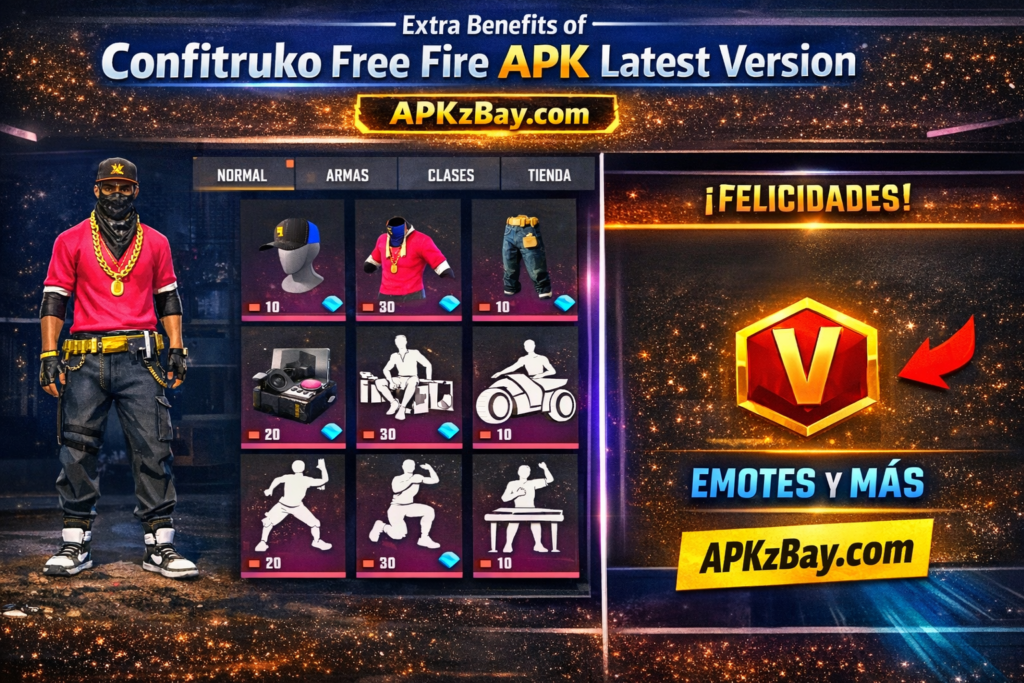 Extra Benefits of Confitruko Free Fire APK Latest Version image showing a Free Fire-style character, reward items grid, emotes section, and APKzBay.com branding