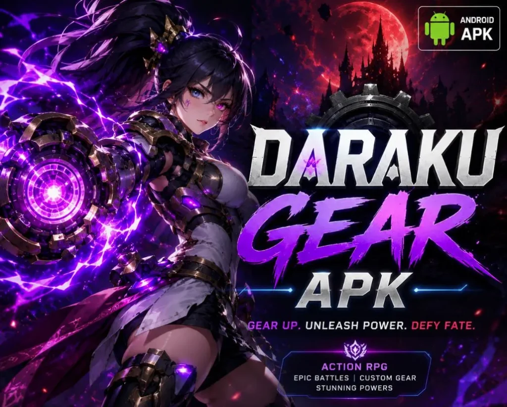 Daraku Gear APK anime-style action game poster with glowing gear powers and Android APK download theme
