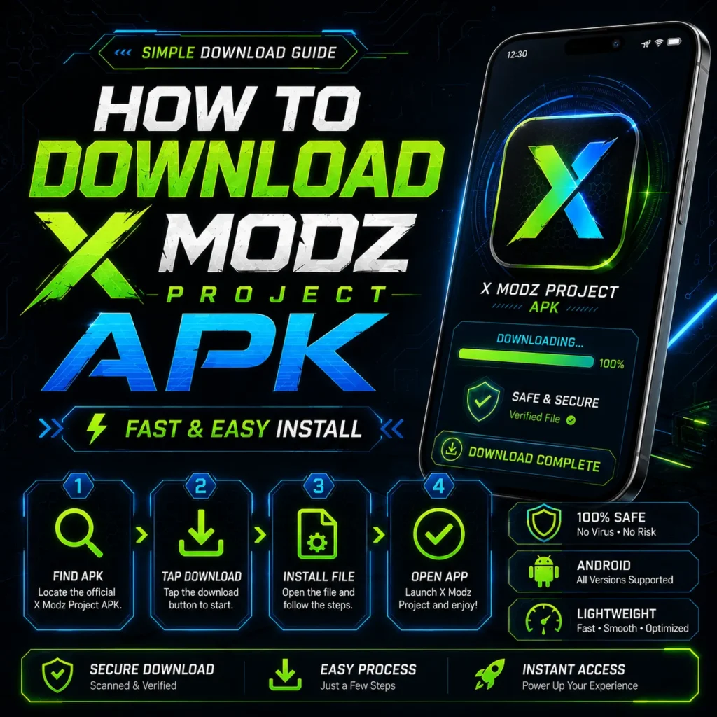 How to Download X Modz Project APK step by step guide image with neon Android app design