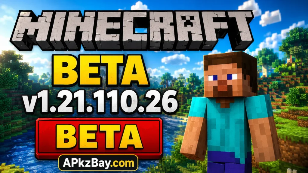 Minecraft Beta v1.21.110.26 promotional thumbnail featuring Steve character, bold yellow BETA text, Minecraft logo, scenic blocky landscape background, and APkzBay.com branding.