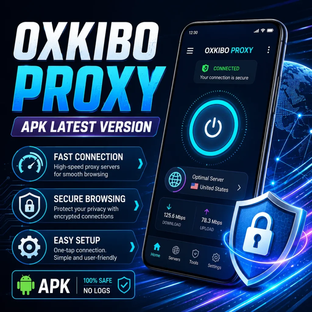 Oxkibo Proxy APK latest version promotional image with secure browsing, fast connection, and Android proxy app interface