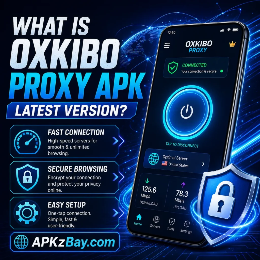 What is Oxkibo Proxy APK Latest Version image showing secure proxy app interface, fast connection, and APKzBay.com branding