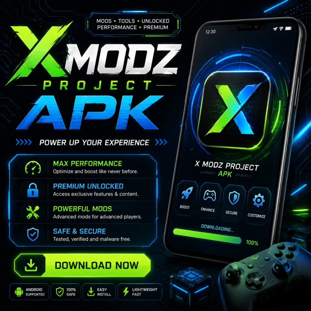 X Modz Project APK futuristic Android app featured image with neon gaming design