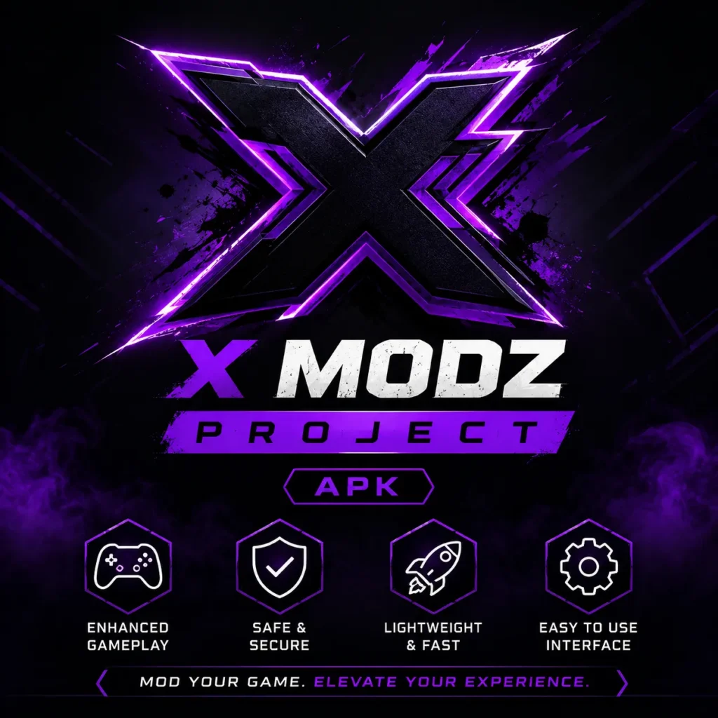 X Modz Project APK futuristic Android app featured image with neon gaming design