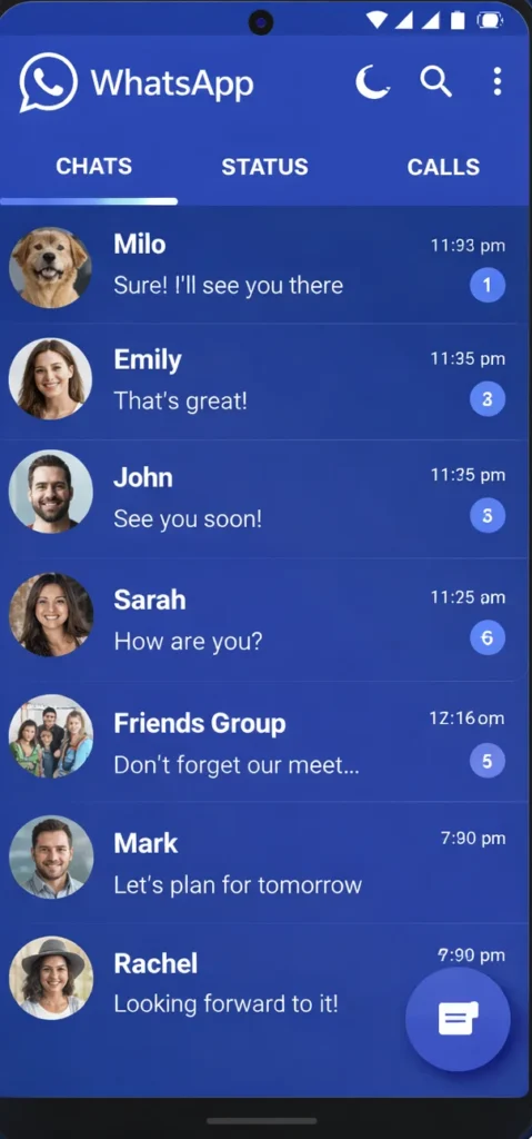 WhatsApp Blue APK interface screenshot showing chat list with blue theme and modern UI design