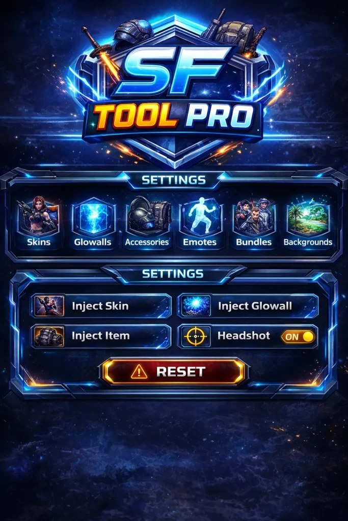 SF Tool Pro interface screenshot showing skins, glowalls, accessories, emotes, bundles, backgrounds, inject options, headshot toggle, and reset button in a futuristic blue gaming layout