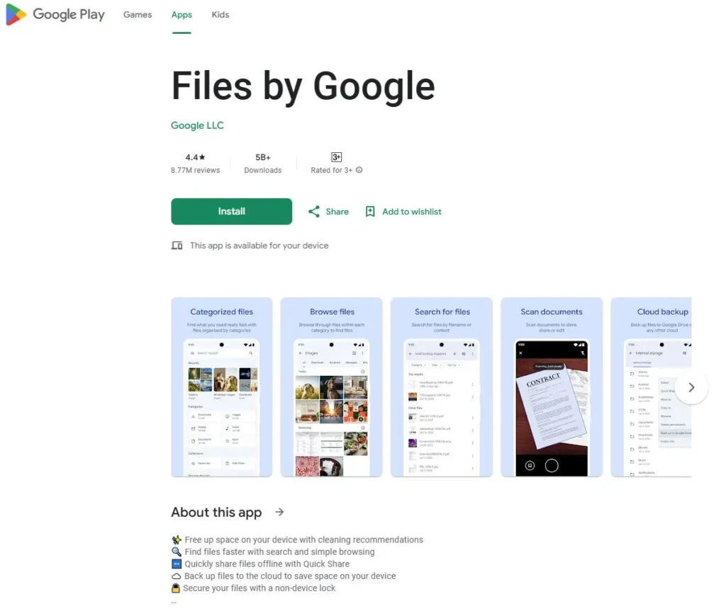 Files by Google app page on Google Play Store showing install button, ratings, downloads, and app preview screenshots