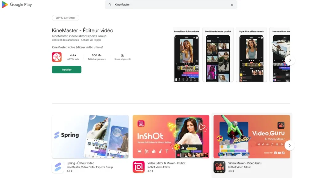 Google Play Store screenshot showing the KineMaster video editor app page with install button, app rating, preview screenshots, and related video editing apps