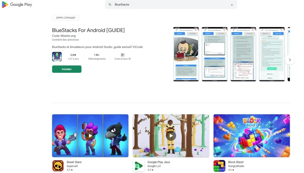 Google Play Store screenshot showing the BlueStacks For Android guide app page with install button, app rating, preview screenshots, and related apps