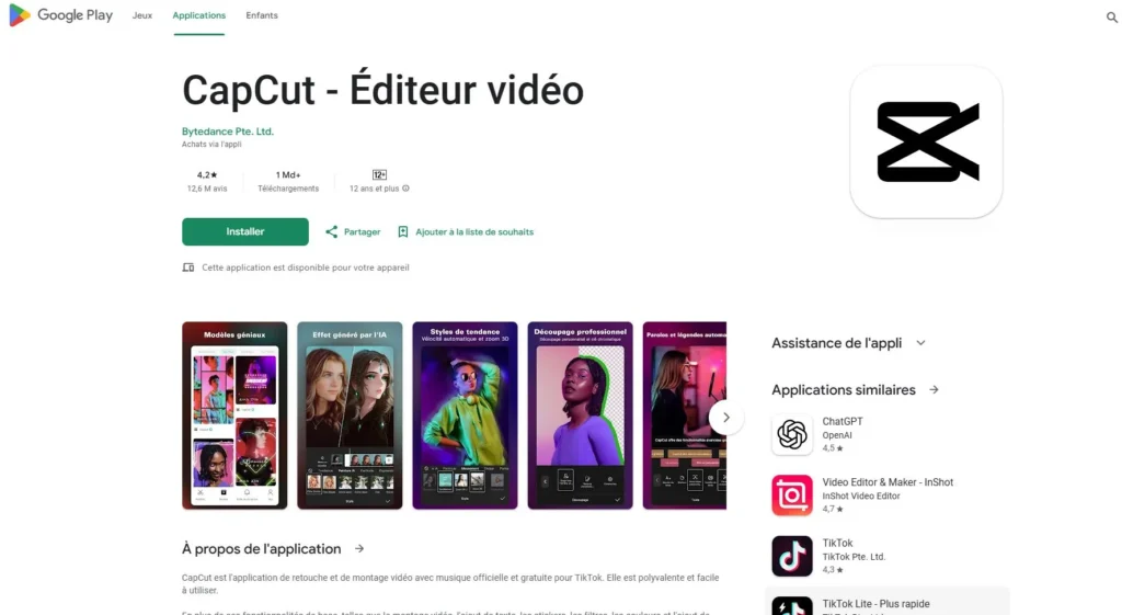 Google Play Store screenshot showing the CapCut video editor app page with install button, app details, preview images, and similar apps section