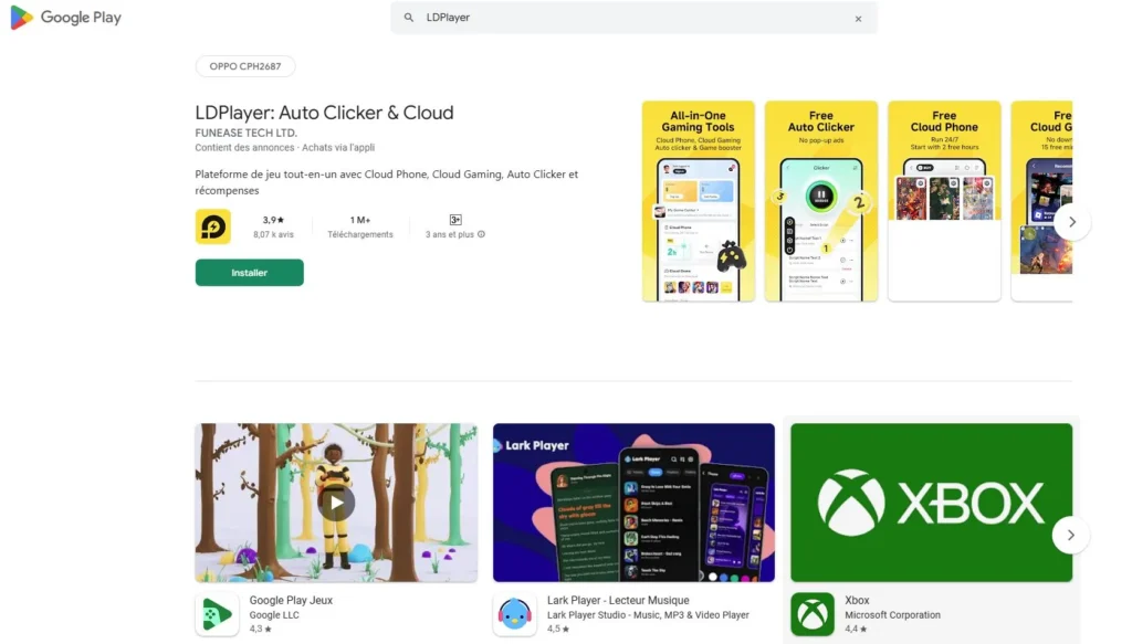 Google Play Store screenshot showing the LDPlayer app page with install button, rating, preview screenshots, and related apps