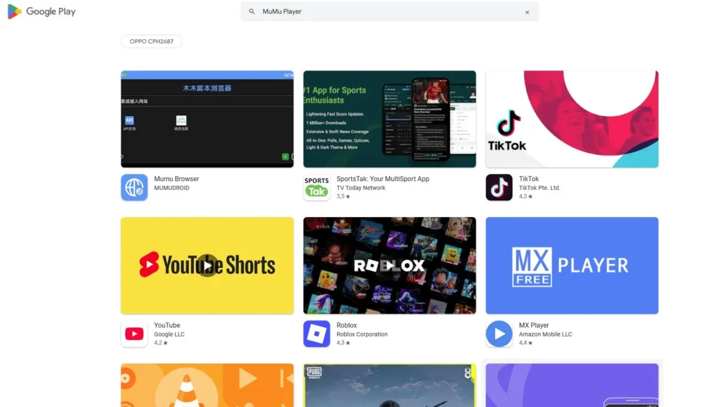 Google Play Store search results for MuMu Player showing related apps like Mumu Browser, TikTok, YouTube, Roblox, and MX Player