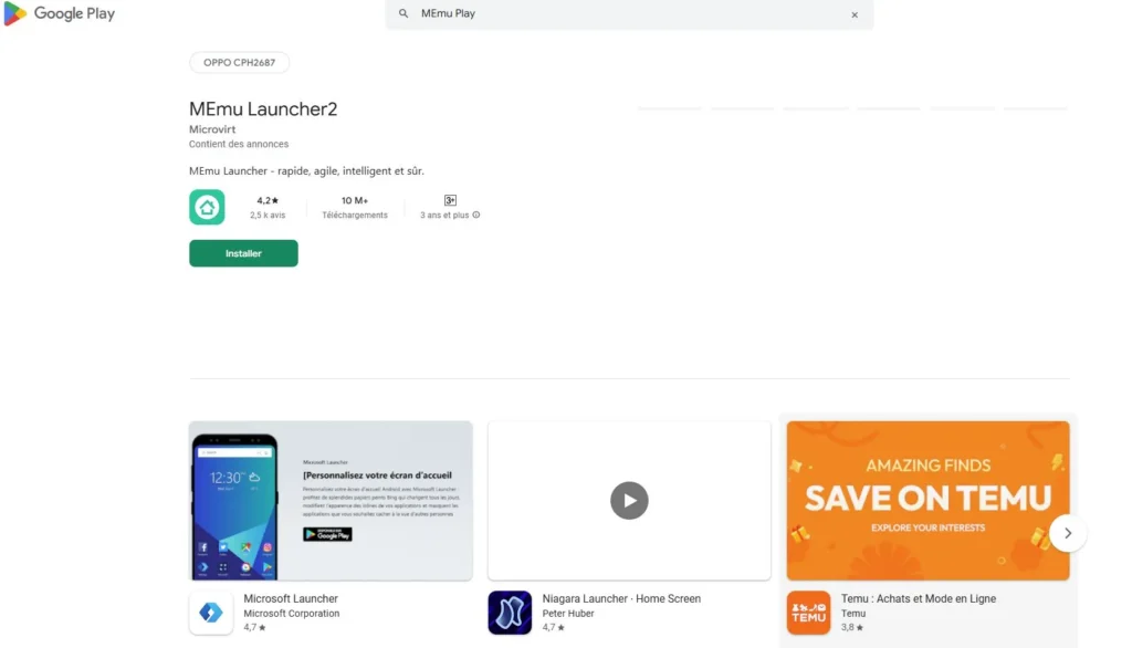 Google Play Store screenshot showing the MEmu Launcher2 app page with install button, rating, download count, and related launcher apps