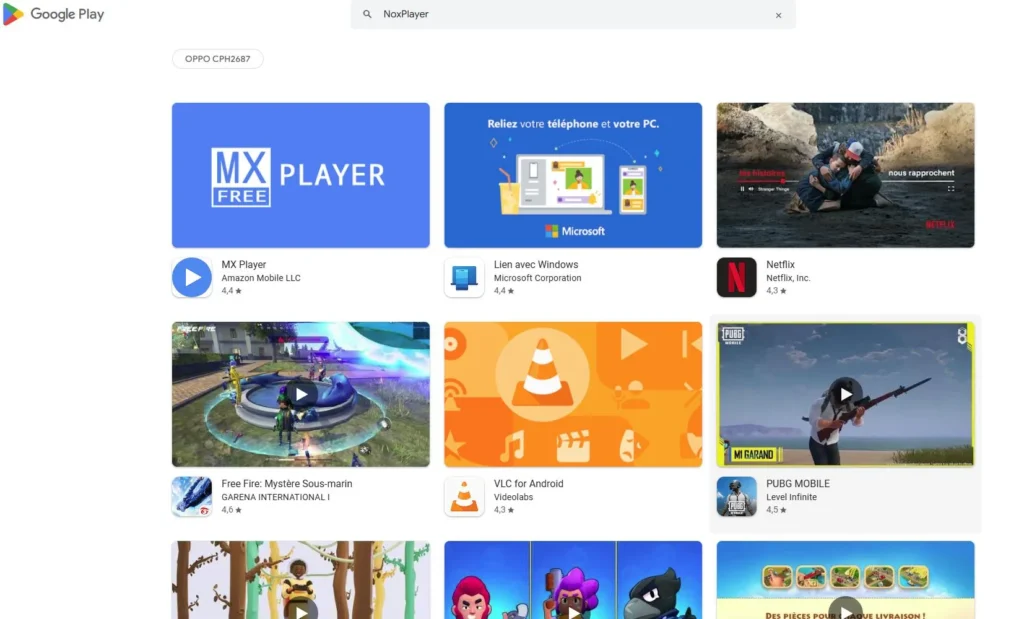 Google Play Store search results for NoxPlayer showing related apps like MX Player, Link to Windows, Netflix, Free Fire, VLC for Android, and PUBG Mobile