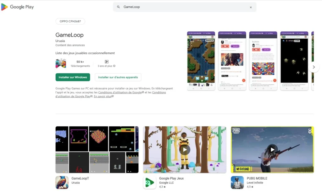 Google Play Store screenshot showing the GameLoop app page with install options, preview screenshots, and related apps like Google Play Games and PUBG Mobile