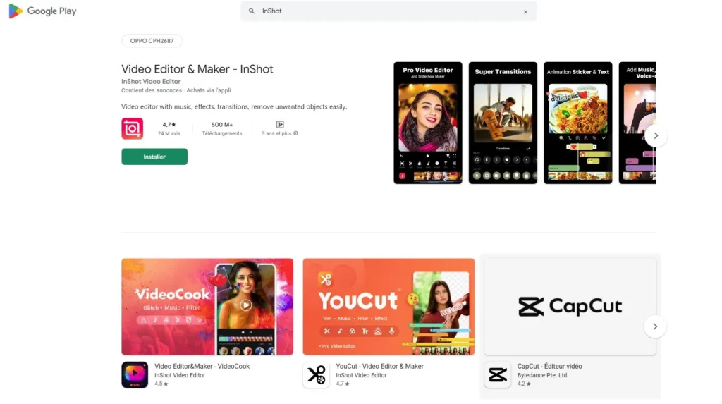 Google Play Store screenshot showing the InShot video editor app page with install button, app rating, preview screenshots, and related editing apps