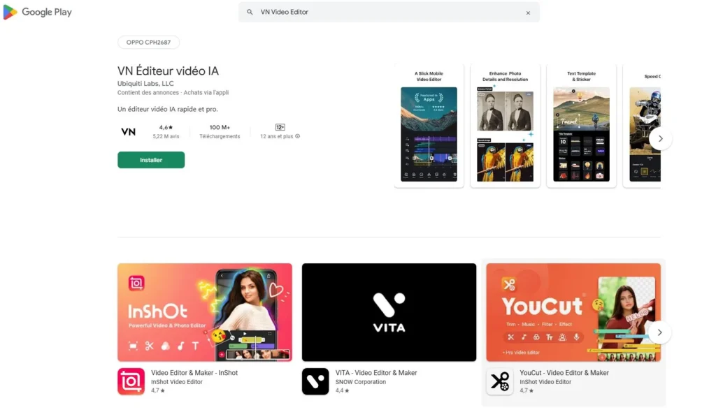 Google Play Store screenshot showing the VN Video Editor app page with install button, rating, preview screenshots, and related video editing apps