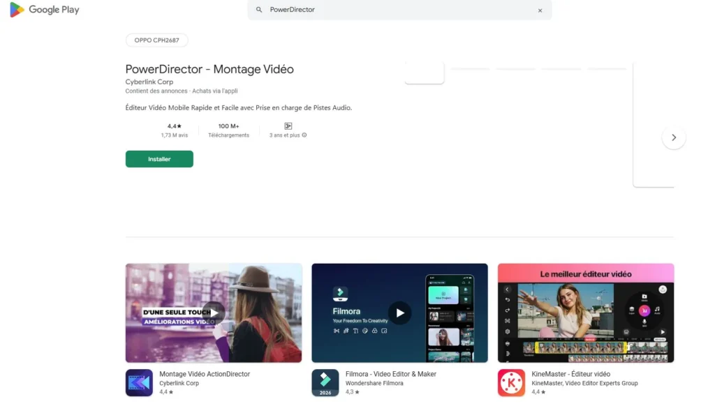 Google Play Store screenshot showing the PowerDirector video editor app page with install button, rating, app details, and related editing apps