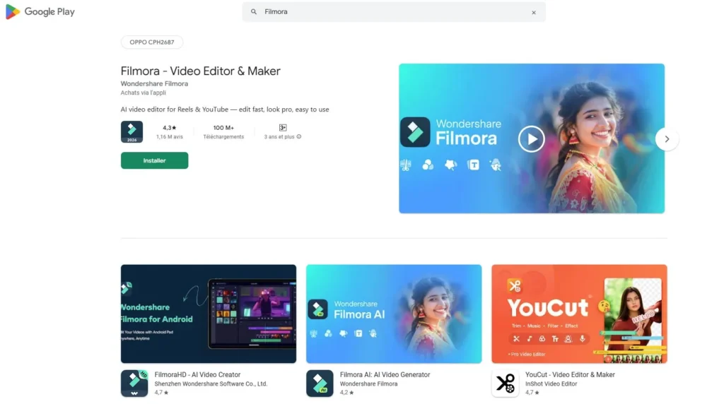 Google Play Store screenshot showing the Filmora video editor app page with install button, rating, preview banner, and related editing apps