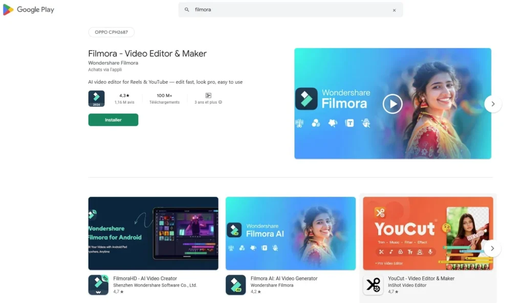 Google Play Store screenshot showing the Filmora Video Editor and Maker app page with install button, rating, preview banner, and related video editing apps