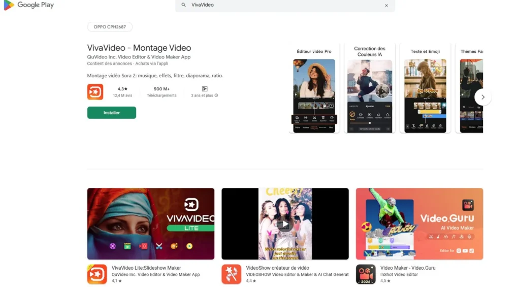 Google Play Store screenshot showing the VivaVideo video editor app page with install button, rating, preview screenshots, and related editing apps