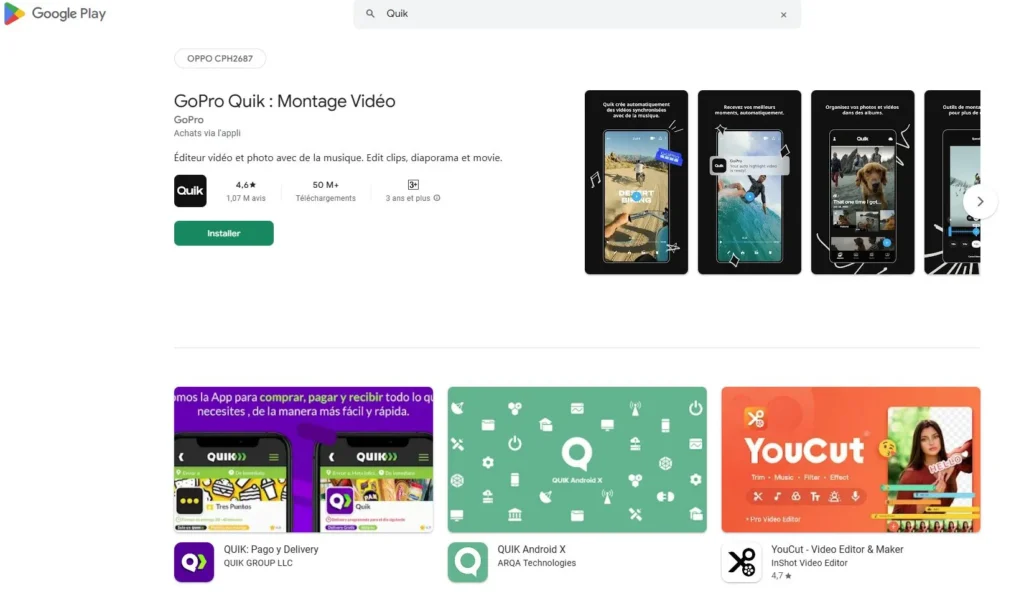 Google Play Store screenshot showing the GoPro Quik video editor app page with install button, rating, preview screenshots, and related apps