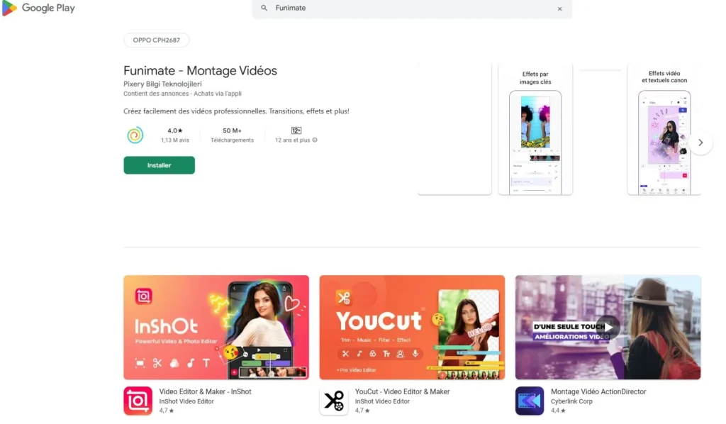 Google Play Store screenshot showing the Funimate video editor app page with install button, app rating, preview screenshots, and related editing apps