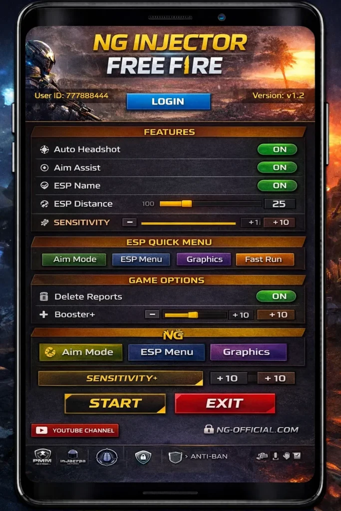 NG INJECTOR FREE FIRE latest version interface screen on Android device