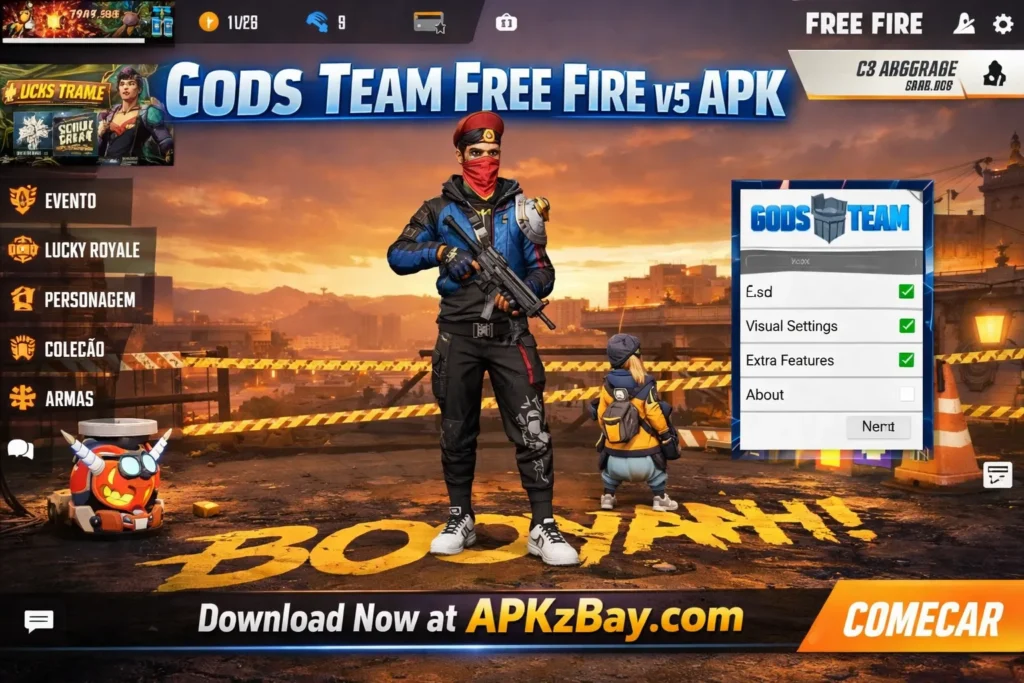 GODS TEAM FREE FIRE V5 APK featured image showing a Free Fire-style game lobby screen with APKzBay.com branding